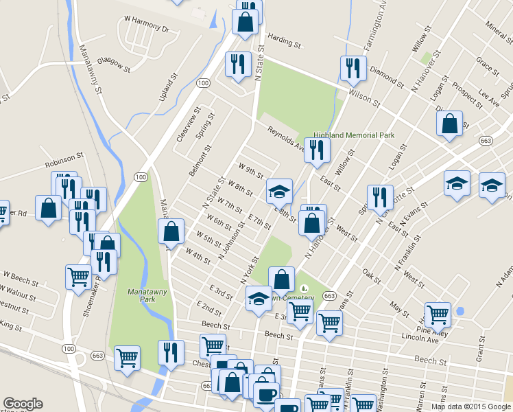 map of restaurants, bars, coffee shops, grocery stores, and more near 440 North Johnson Street in Pottstown