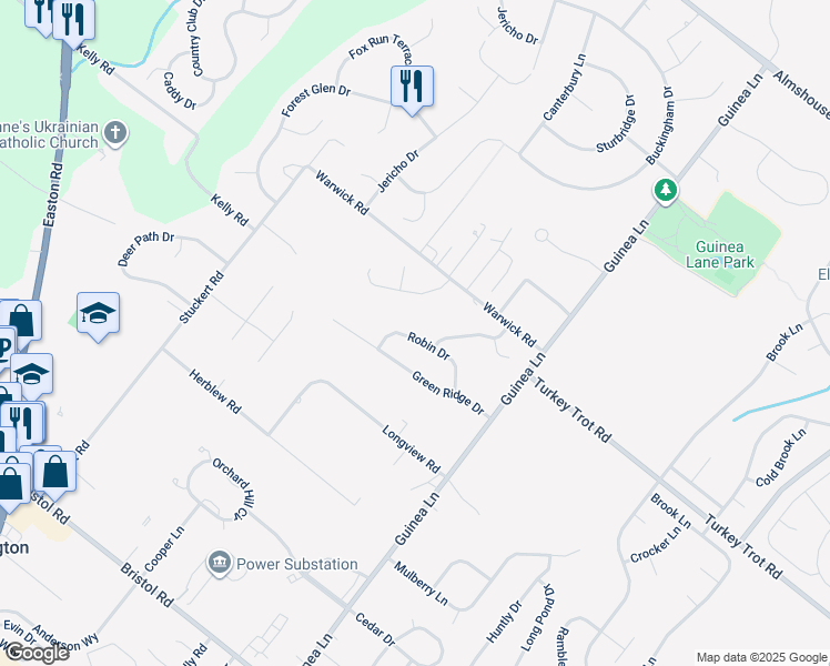 map of restaurants, bars, coffee shops, grocery stores, and more near 2157 Robin Drive in Warrington