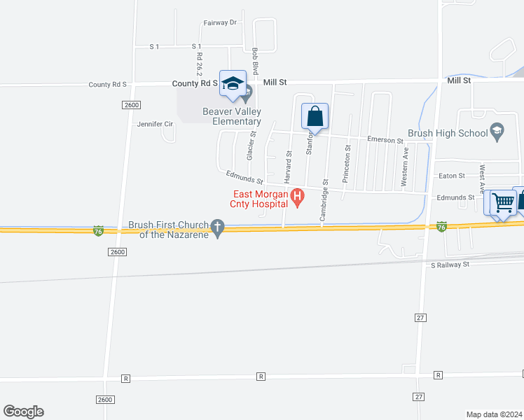 map of restaurants, bars, coffee shops, grocery stores, and more near 222 Applewood Court in Brush