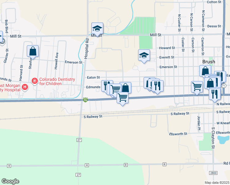 map of restaurants, bars, coffee shops, grocery stores, and more near 1315 Edison Street in Brush