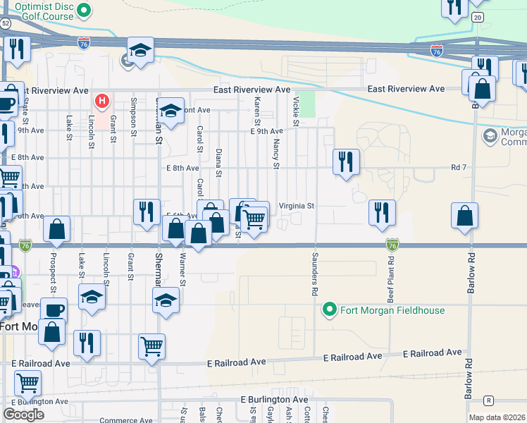 map of restaurants, bars, coffee shops, grocery stores, and more near 1333 East 6th Avenue in Fort Morgan