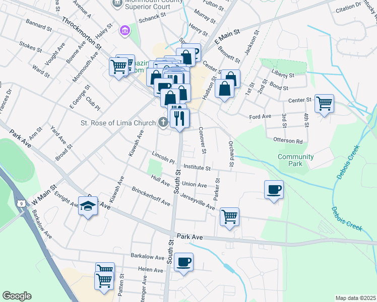 map of restaurants, bars, coffee shops, grocery stores, and more near 81 South Street in Freehold