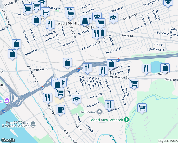 map of restaurants, bars, coffee shops, grocery stores, and more near in Harrisburg