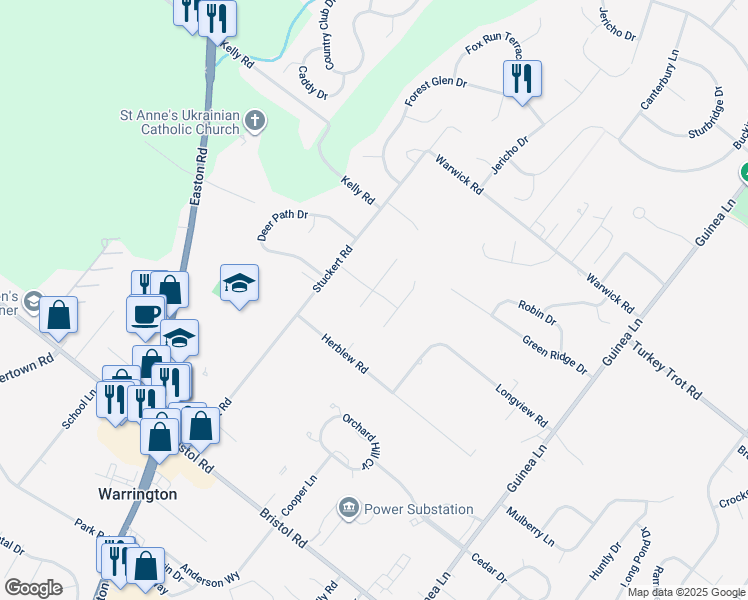 map of restaurants, bars, coffee shops, grocery stores, and more near 2254 Wheat Sheaf Lane in Warrington