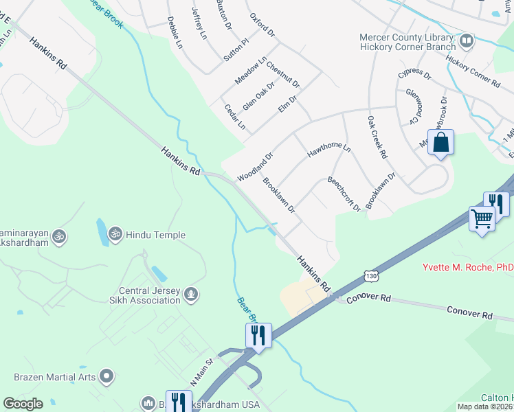 map of restaurants, bars, coffee shops, grocery stores, and more near 50 Hankins Road in East Windsor
