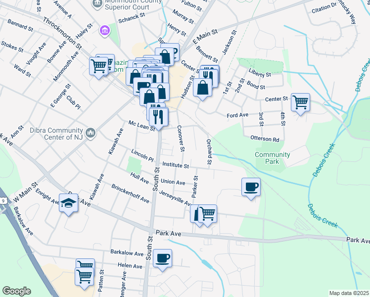map of restaurants, bars, coffee shops, grocery stores, and more near 46 Conover Street in Freehold