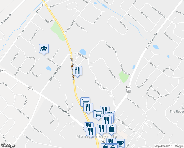 map of restaurants, bars, coffee shops, grocery stores, and more near 302 Country Club Drive in Lansdale