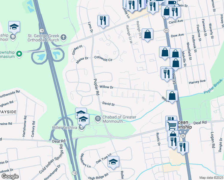 map of restaurants, bars, coffee shops, grocery stores, and more near 6 Willow Drive in Ocean Township