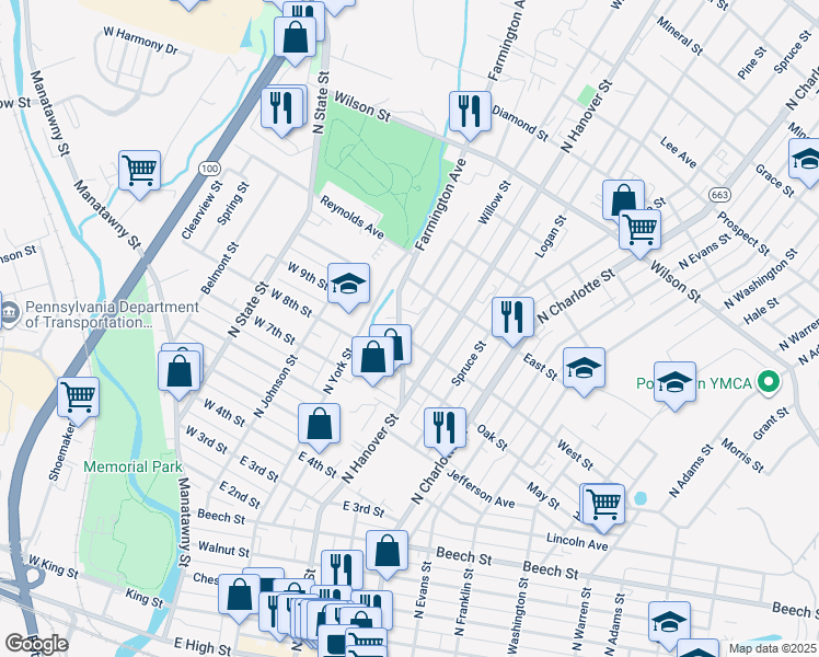 map of restaurants, bars, coffee shops, grocery stores, and more near 509 Willow Street in Pottstown