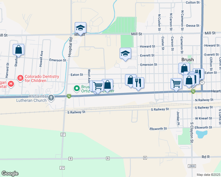 map of restaurants, bars, coffee shops, grocery stores, and more near 1213 1/2 Edison Street in Brush