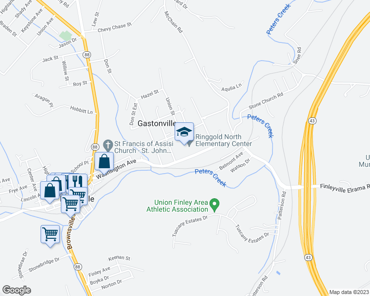 map of restaurants, bars, coffee shops, grocery stores, and more near 3685 Finleyville Elrama Road in Finleyville
