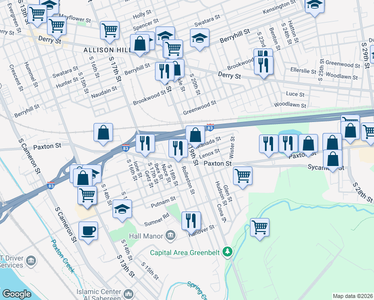 map of restaurants, bars, coffee shops, grocery stores, and more near 858 South 19th Street in Harrisburg
