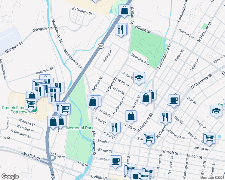 map of restaurants, bars, coffee shops, grocery stores, and more near 396 North State Street in Pottstown