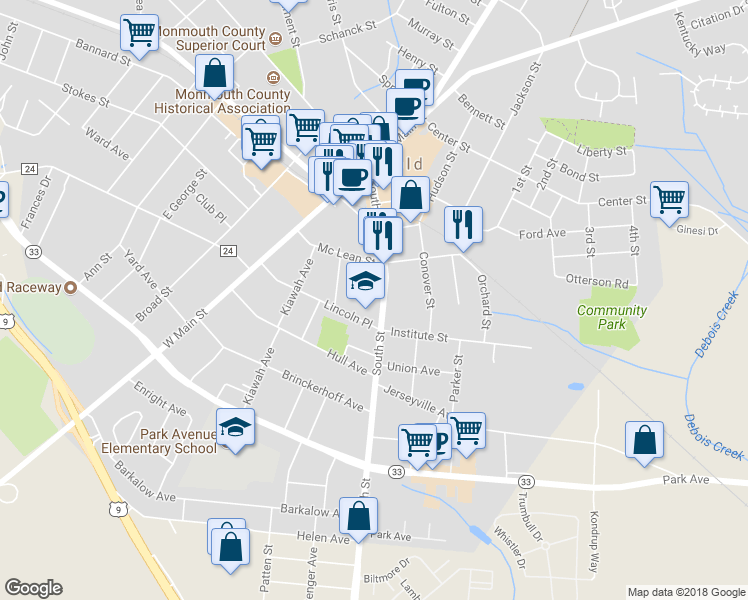 map of restaurants, bars, coffee shops, grocery stores, and more near 77 South Street in Freehold