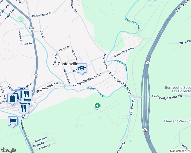 map of restaurants, bars, coffee shops, grocery stores, and more near 3685 Finleyville Elrama Road in Finleyville