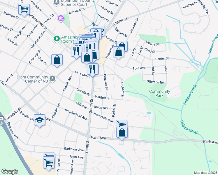 map of restaurants, bars, coffee shops, grocery stores, and more near 46 Conover Street in Freehold