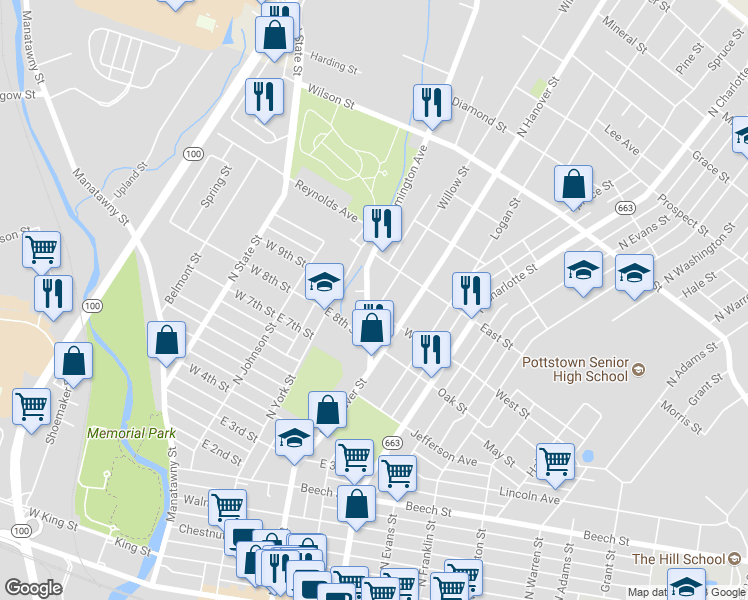 map of restaurants, bars, coffee shops, grocery stores, and more near 509 Willow Street in Pottstown