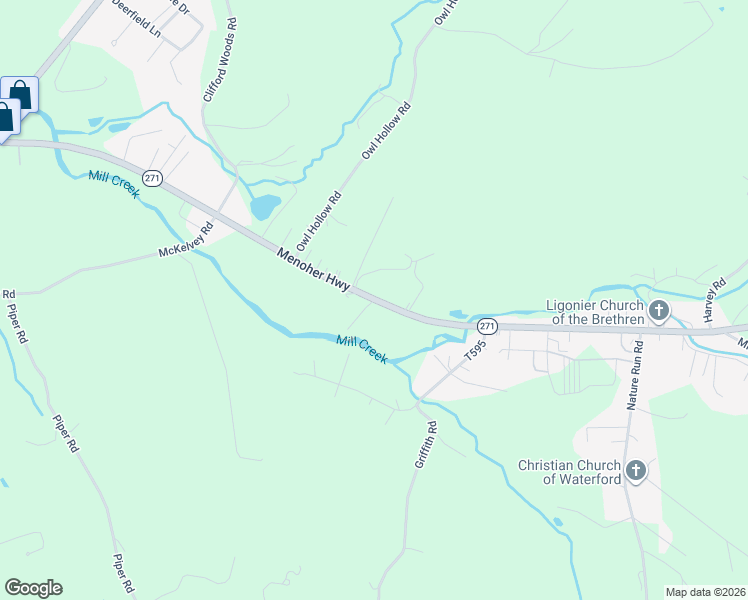 map of restaurants, bars, coffee shops, grocery stores, and more near 502 Springfield Lane in Ligonier