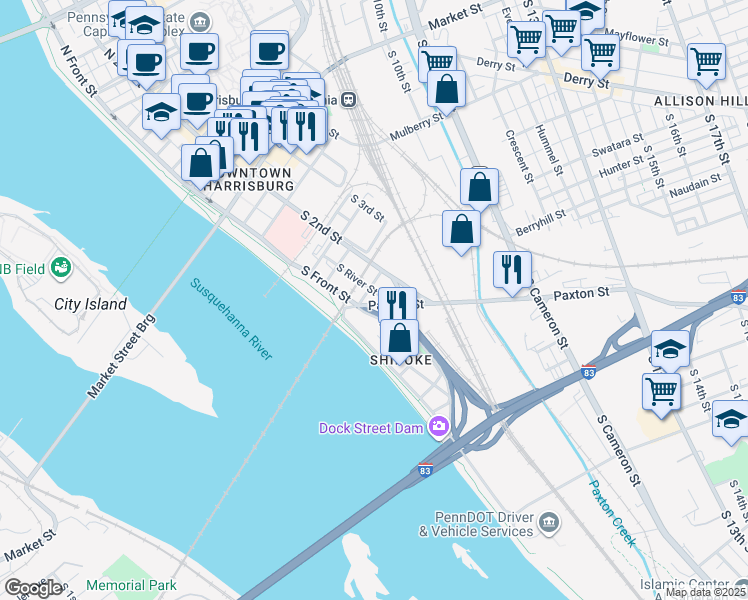 map of restaurants, bars, coffee shops, grocery stores, and more near 140 Paxton Street in Harrisburg