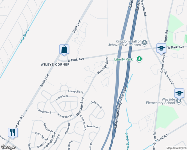 map of restaurants, bars, coffee shops, grocery stores, and more near 1 Montpelier Street in Tinton Falls