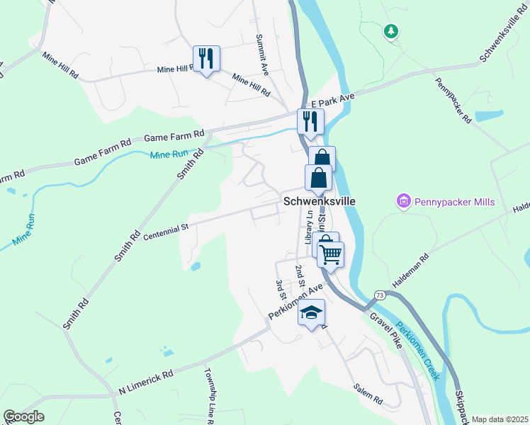 map of restaurants, bars, coffee shops, grocery stores, and more near 341 Cherry Street in Schwenksville