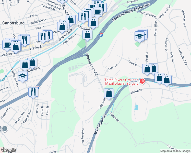 map of restaurants, bars, coffee shops, grocery stores, and more near 110 Greenwood Drive in Canonsburg