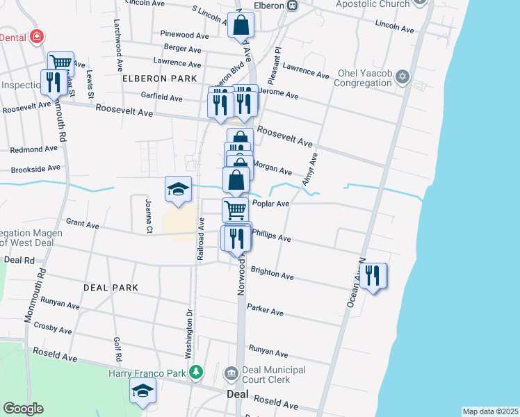 map of restaurants, bars, coffee shops, grocery stores, and more near 74 Poplar Avenue in Deal