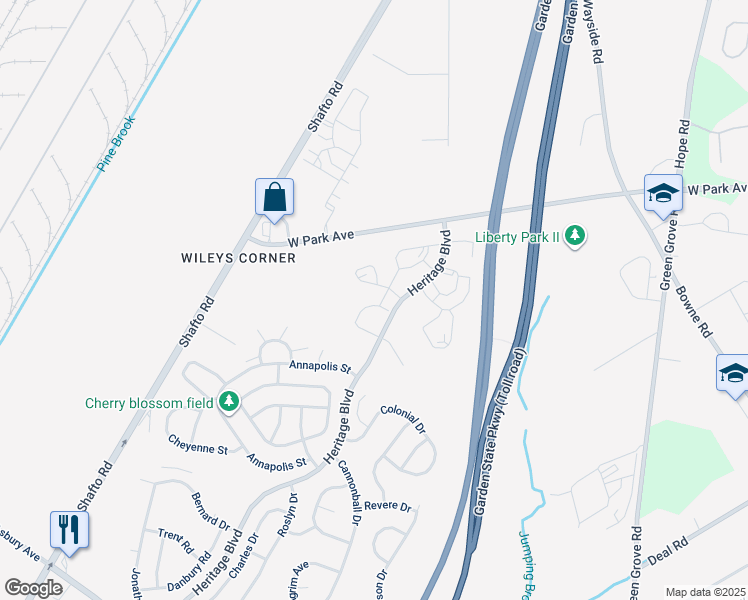 map of restaurants, bars, coffee shops, grocery stores, and more near 22 Montpelier Street in Tinton Falls