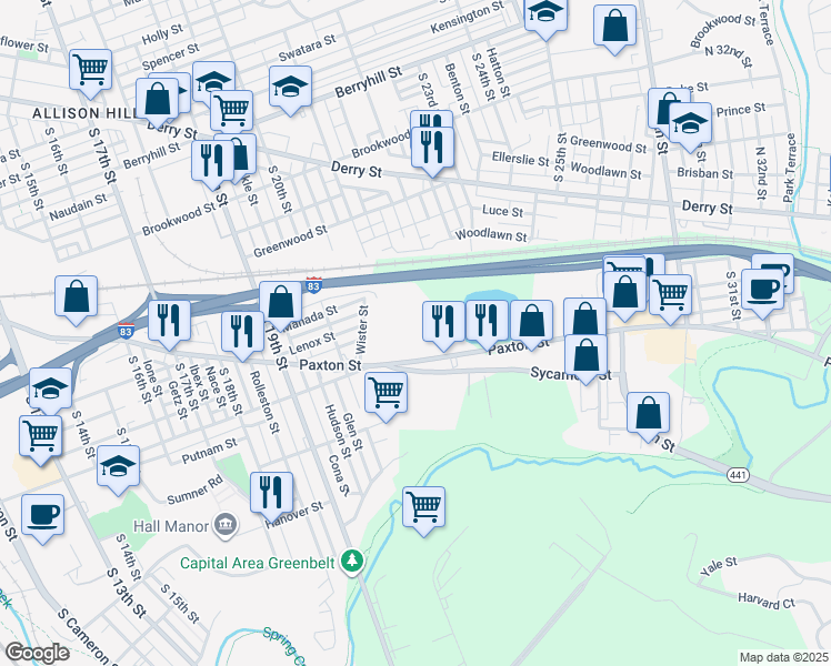 map of restaurants, bars, coffee shops, grocery stores, and more near 2100 Paxton Street in Harrisburg