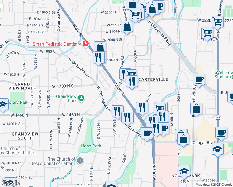 map of restaurants, bars, coffee shops, grocery stores, and more near 1641 North State Street in Provo