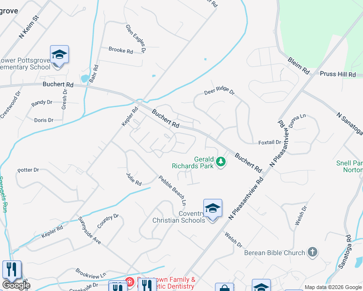 map of restaurants, bars, coffee shops, grocery stores, and more near 3504 Walnut Ridge Drive in Pottstown