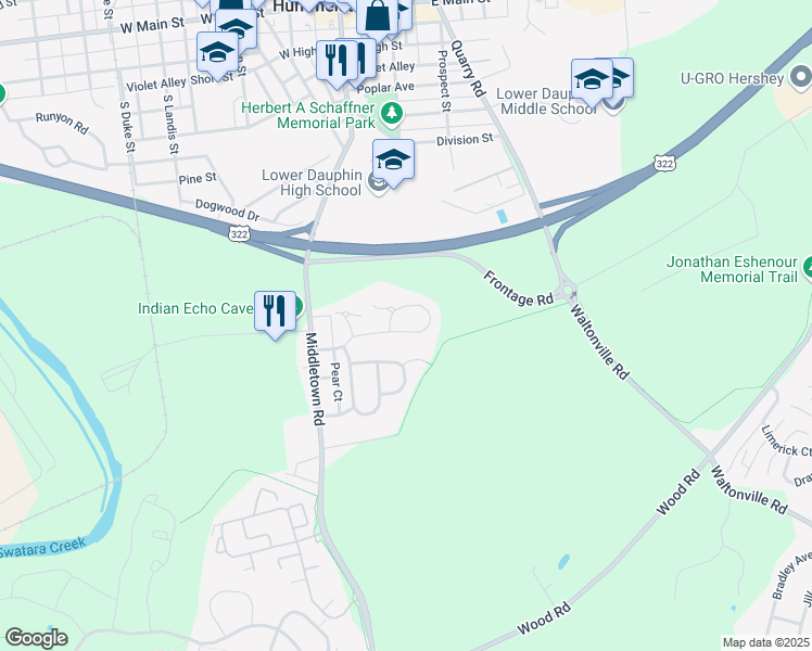 map of restaurants, bars, coffee shops, grocery stores, and more near 1597 Macintosh Way in Hummelstown