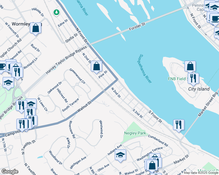 map of restaurants, bars, coffee shops, grocery stores, and more near 126 North 2nd Street in Wormleysburg