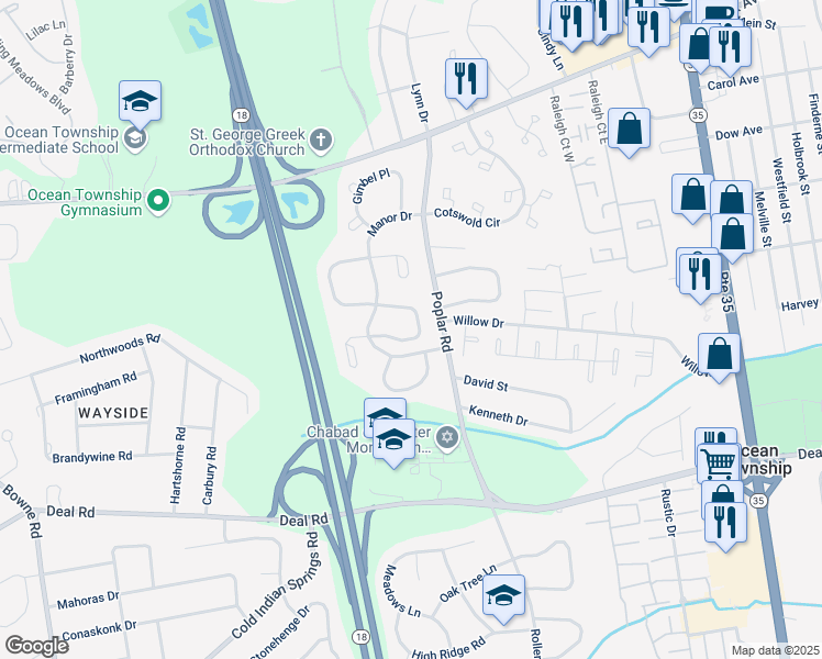 map of restaurants, bars, coffee shops, grocery stores, and more near 144 Old Orchard Lane in Monmouth County
