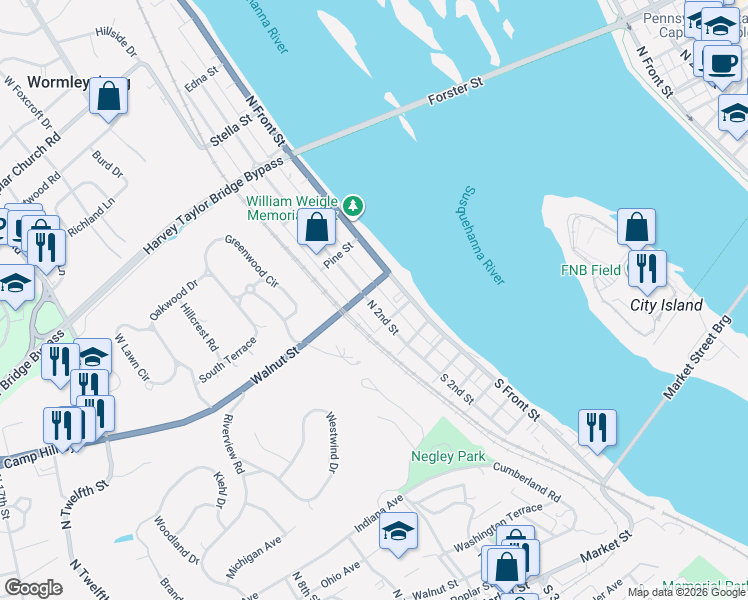 map of restaurants, bars, coffee shops, grocery stores, and more near 107 North River Street in Wormleysburg