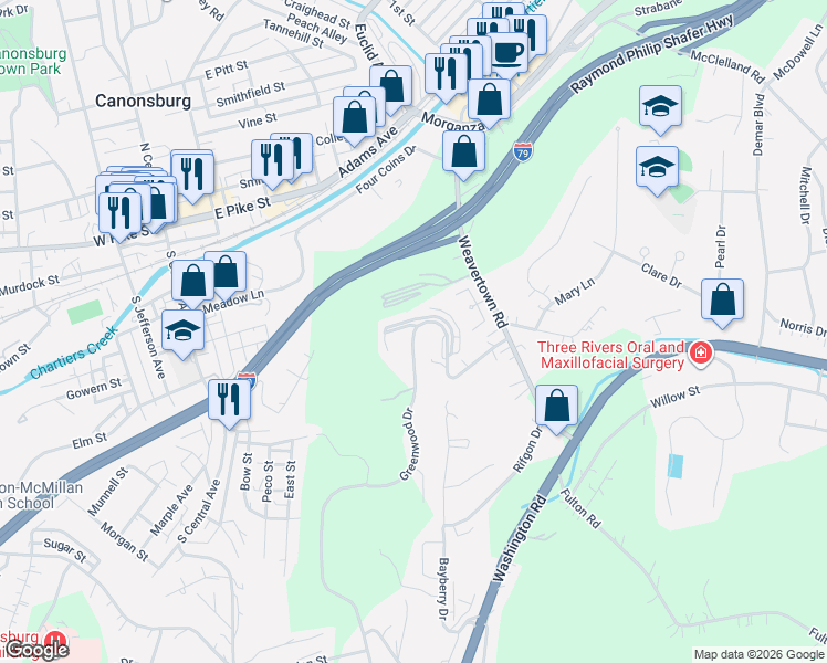 map of restaurants, bars, coffee shops, grocery stores, and more near 121 Victoria Drive in Canonsburg