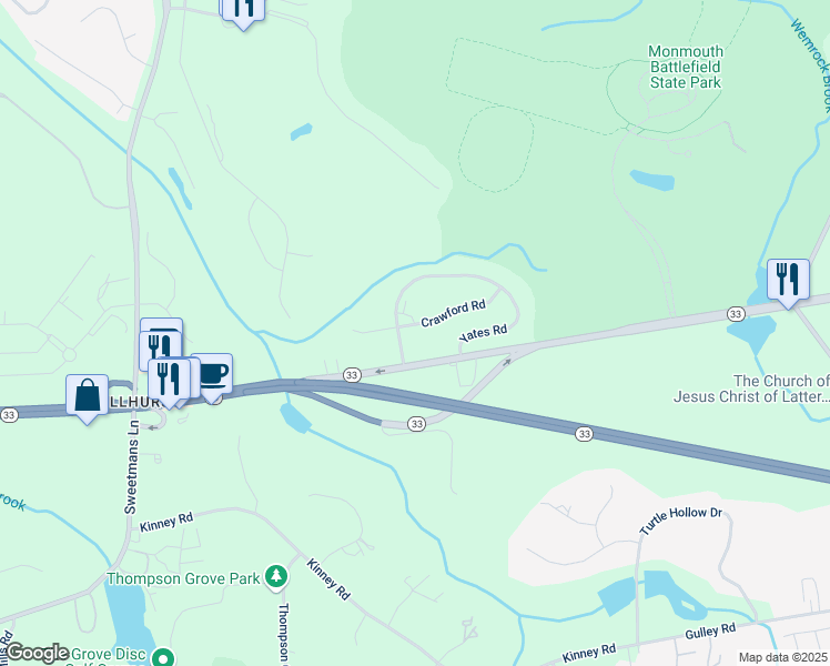 map of restaurants, bars, coffee shops, grocery stores, and more near 2 Crawford Road in Manalapan Township