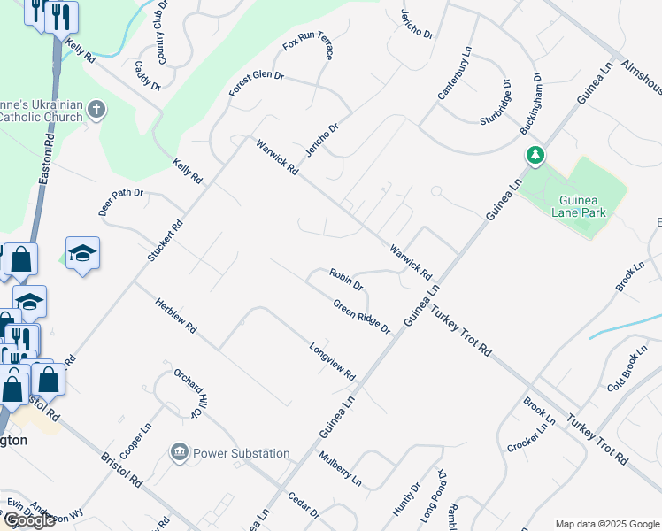 map of restaurants, bars, coffee shops, grocery stores, and more near 2157 Robin Drive in Warrington