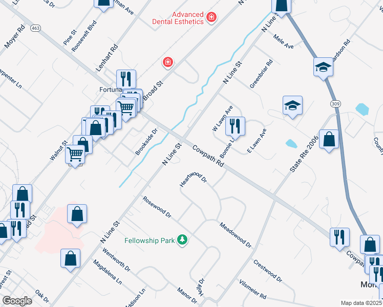 map of restaurants, bars, coffee shops, grocery stores, and more near 1823 North Line Street in Lansdale