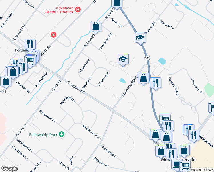 map of restaurants, bars, coffee shops, grocery stores, and more near 101 Cedar Lane in Lansdale