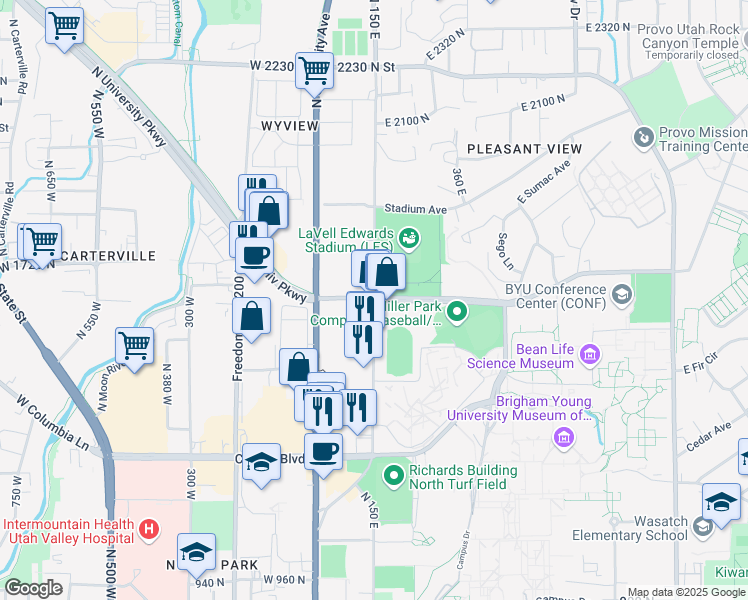 map of restaurants, bars, coffee shops, grocery stores, and more near 1659 North Canyon Road in Provo