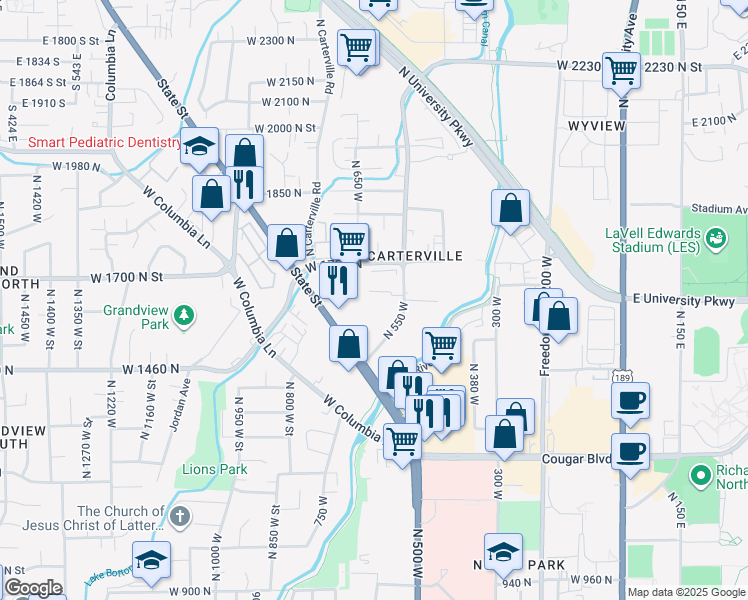 map of restaurants, bars, coffee shops, grocery stores, and more near 1533 North 550 West in Provo