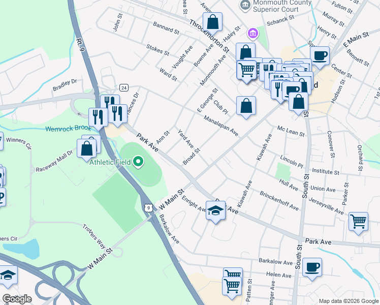 map of restaurants, bars, coffee shops, grocery stores, and more near 14 Yard Avenue in Freehold