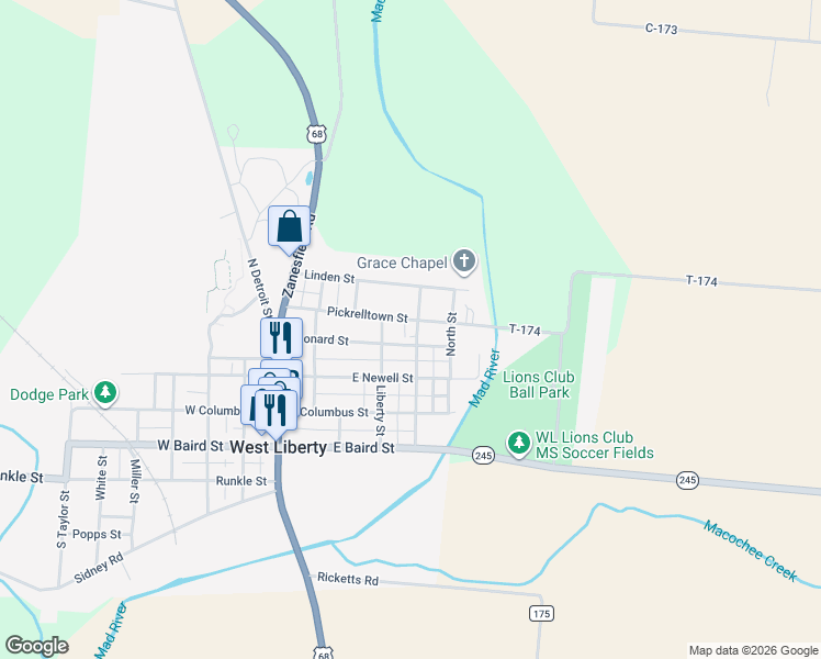 map of restaurants, bars, coffee shops, grocery stores, and more near 416 Washington Street in West Liberty
