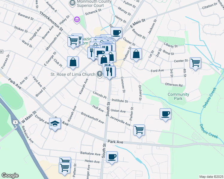 map of restaurants, bars, coffee shops, grocery stores, and more near 77 South Street in Freehold