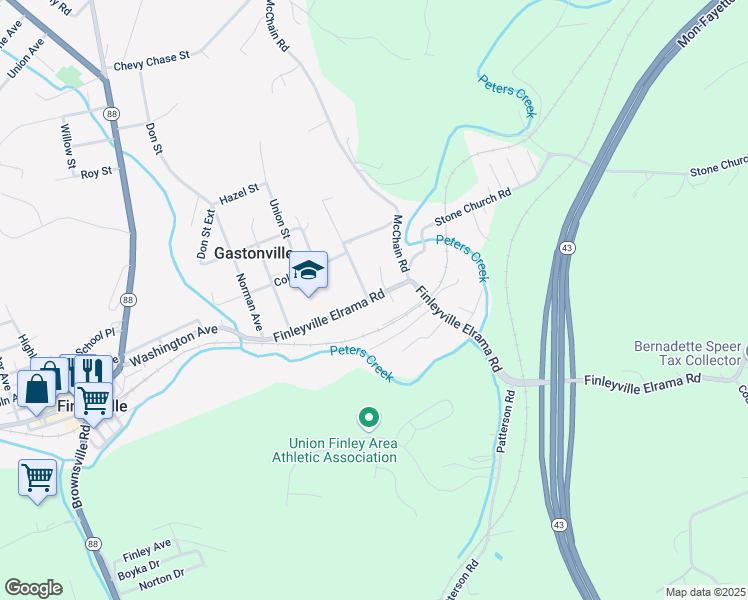 map of restaurants, bars, coffee shops, grocery stores, and more near 3694 Finleyville Elrama Road in Finleyville