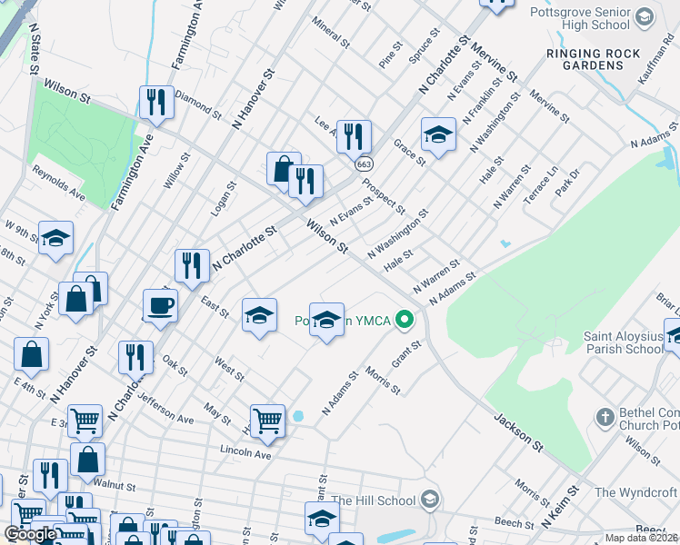 map of restaurants, bars, coffee shops, grocery stores, and more near 777 North Washington Street in Pottstown