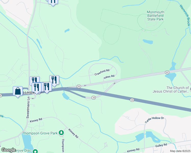 map of restaurants, bars, coffee shops, grocery stores, and more near 2 Crawford Road in Manalapan Township