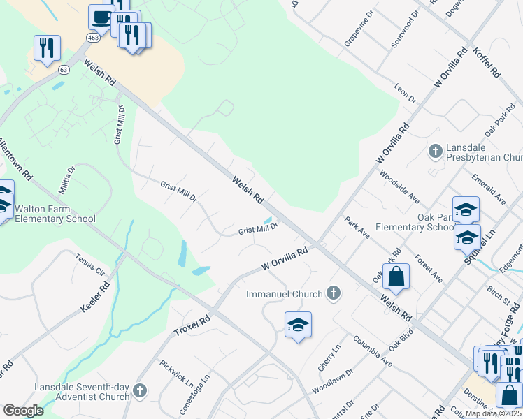 map of restaurants, bars, coffee shops, grocery stores, and more near 1448 Welsh Road in Lansdale