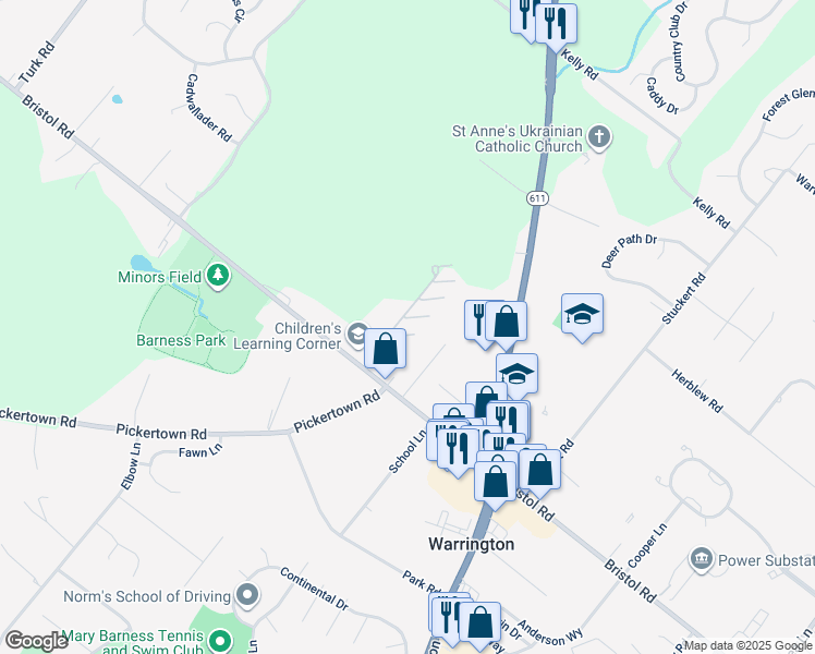 map of restaurants, bars, coffee shops, grocery stores, and more near 100 Douglas Fir Drive in Warrington